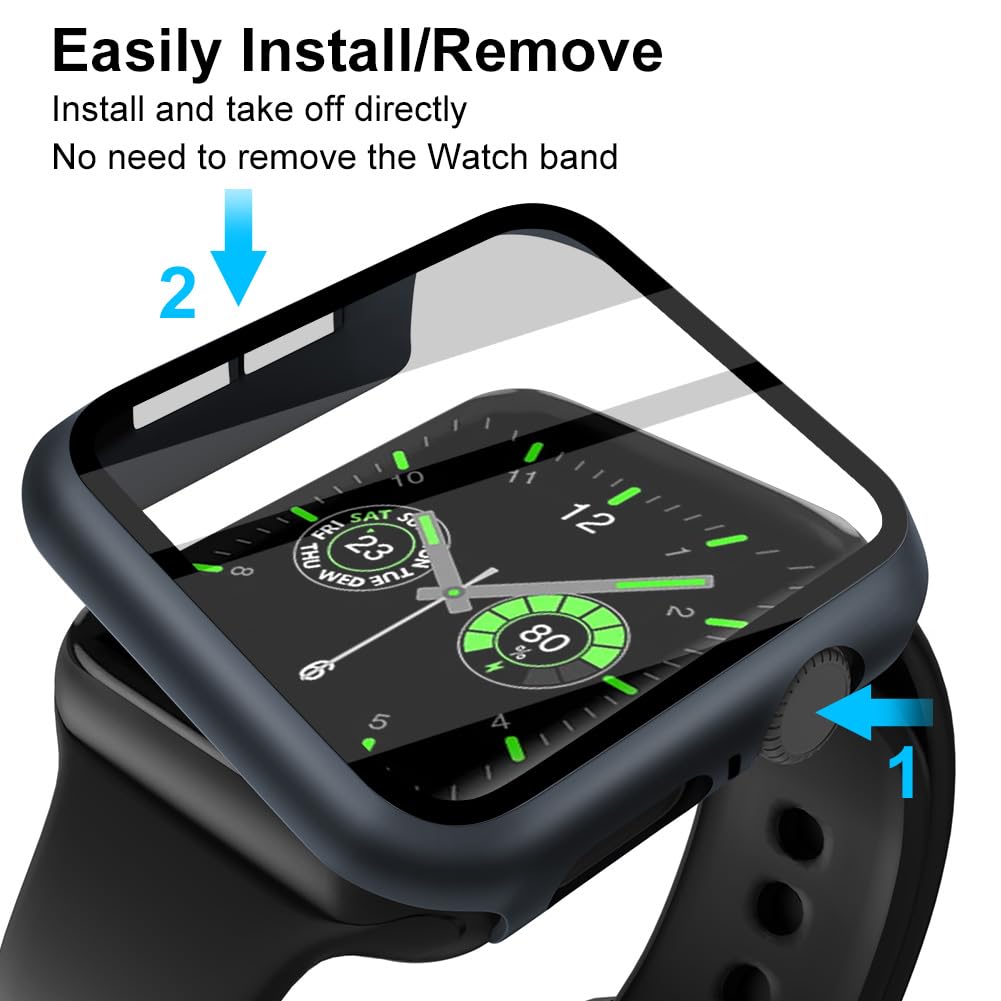 OFFCUP 2 Pezzi Cover per Apple Watch Series 6 / SE/Series 5 / Series 4, 40mm con Vetro Temperato, Copertura Completa Custodia Rigida HD Clear Pellicola Protettiva (Blu Notte)