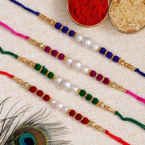 Image of eCraftIndia Multicolor Set of 4 Radha Krishna Playing Flute, Peacock, Krishna Flute, Peacock Feather Designer Religious Rakhis with Roli Chawal Pack