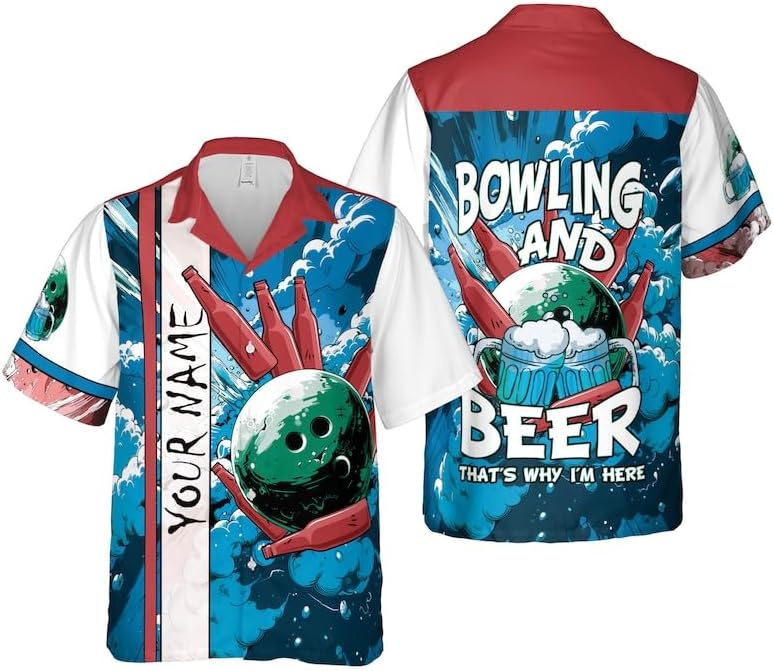 Generic Personalized Bowling and Beer Hawaiian Shirt Bowling Team Shirt Button Down Shirt Aloa Beach Shirt for Dad, Black