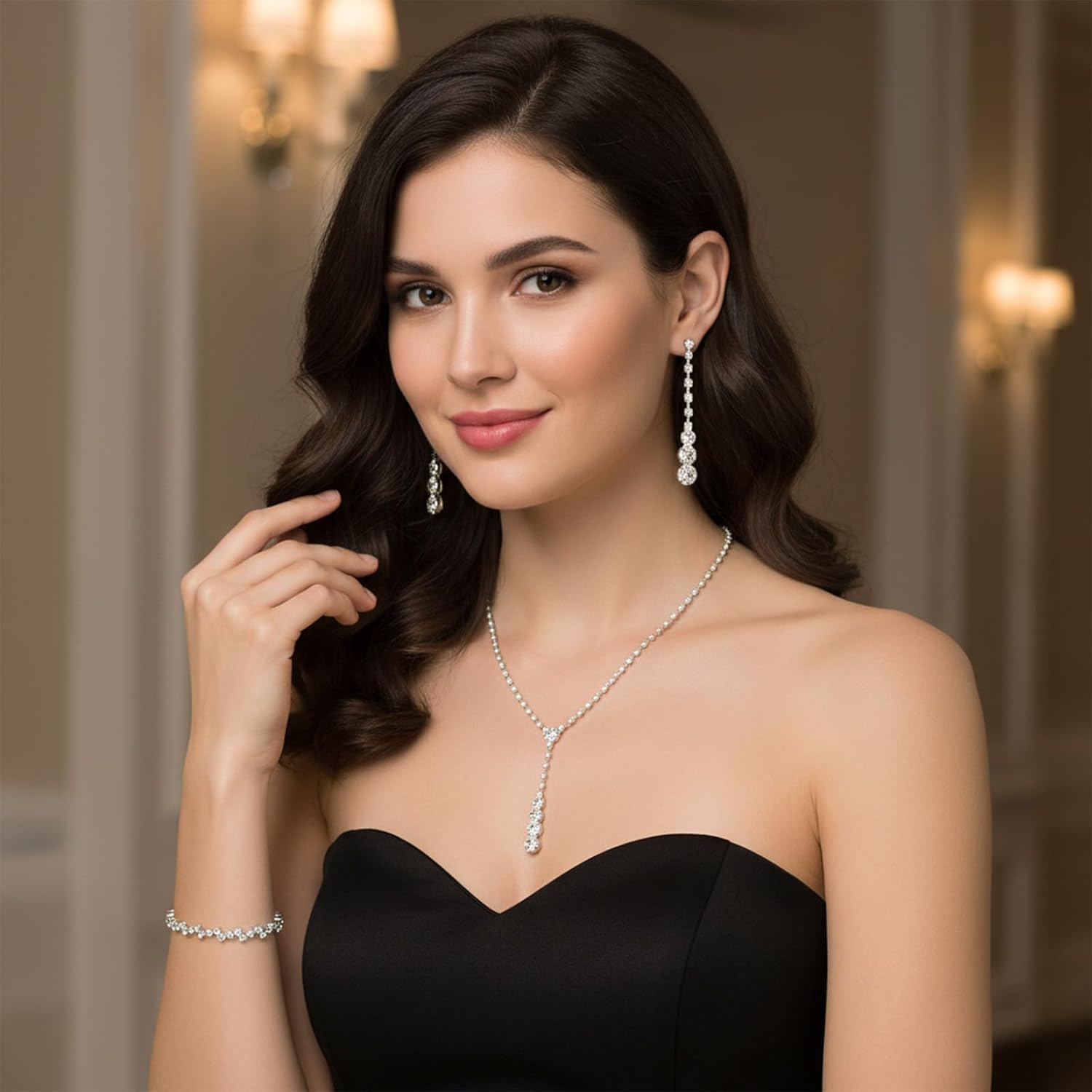 Silver Bridal Wedding Jewelry Set Rhinestone Necklace Teardrop Dangle Earrings Bracelet Sparkled Jewelry for Women Bride Bridesmaid Costume Crystal Wedding Accessories - Image 4