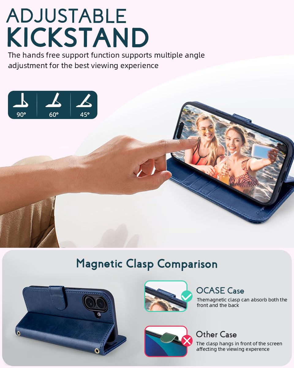 OCASE Custodia Portafoglio Per IPhone 16 Plus, Cover In Pelle Con Schermo RFID E Slot Carte, Supporto Stand, Antiurto - Nero - 3