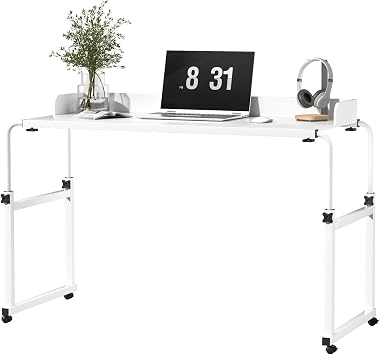 Overbed Table with Wheel,Adjustable Tilt Laptop Desk for Bed 40cm Wide Recliner Table with Adjustable Stand and Storage,Side Bookshelf Design Mobile Over Bed Tables for Home, Dormitory White, 140cm