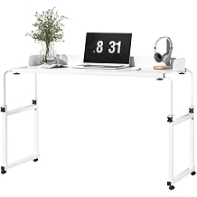 Overbed Table with Wheel,Adjustable Tilt Laptop Desk for Bed 40cm Wide Recliner Table with Adjustable Stand and Storage,Side Bookshelf Design Mobile Over Bed Tables for Home, Dormitory White, 140cm