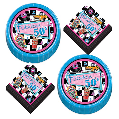 HOME & HOOPLA 50's Party Supplies - Fabulous Fifties Paper Dinner Plates and Lunch Napkins (Serves 16)