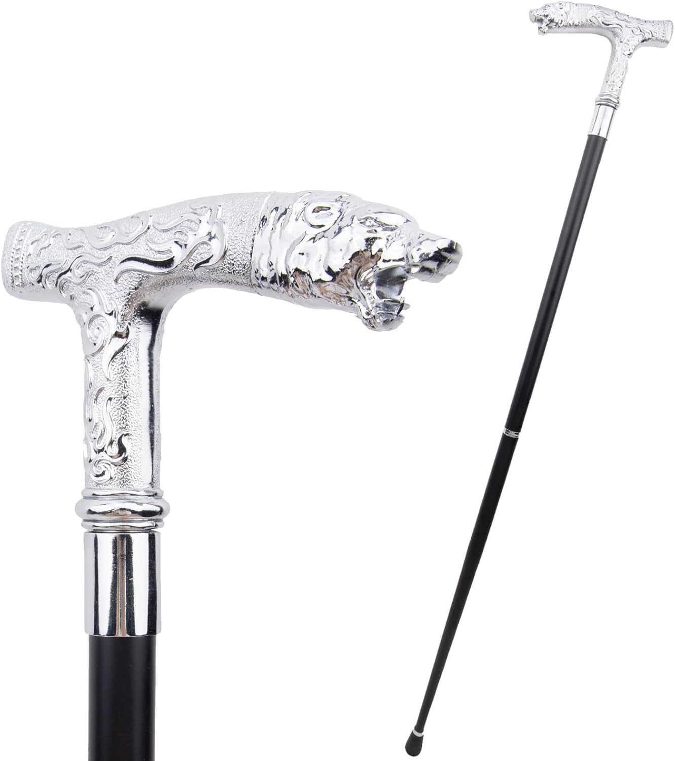 Silver Bear Trekking Poles Walking Cane, Ornate Bear Head Stick Removable Anti Slip Walking Stick, for Cosplay Collection Decor 91cm