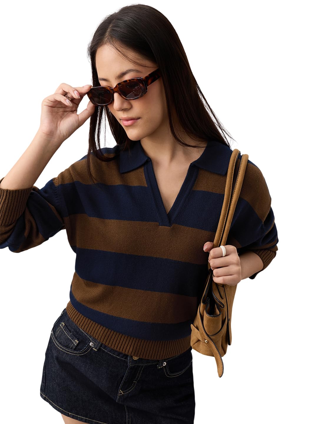 the souled store Coastal Tan Women and Girls Long Sleeves Collared Neck Navy and Tan Striped Acrylic Relaxed Fit Comfortable Casual Streetwear Sweaters-picture-9