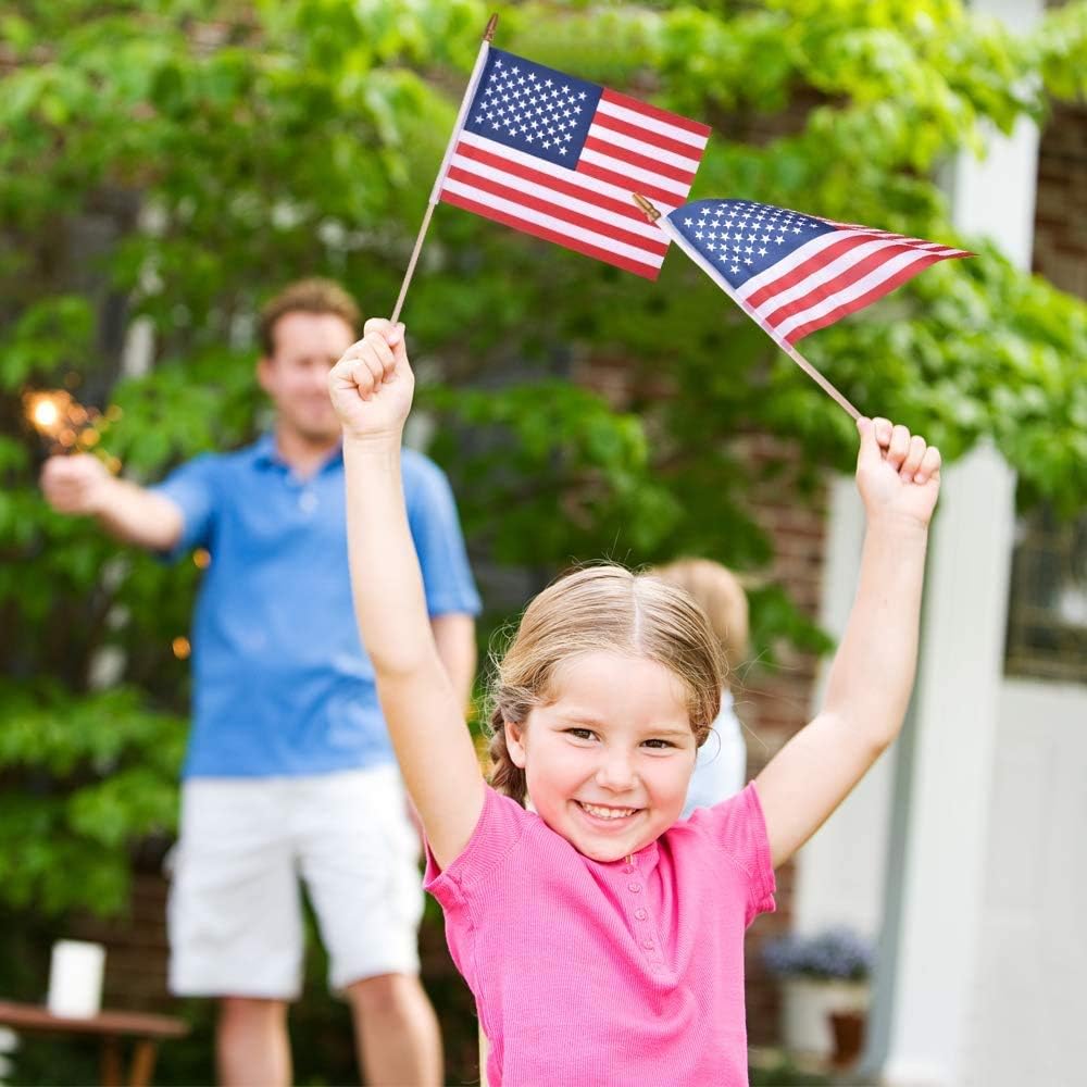 60 Pack Small American Flags on Stick 5x8 Inch/Mini US Flags/American Hand Held Stick Flags Spear Top (60 PACK)