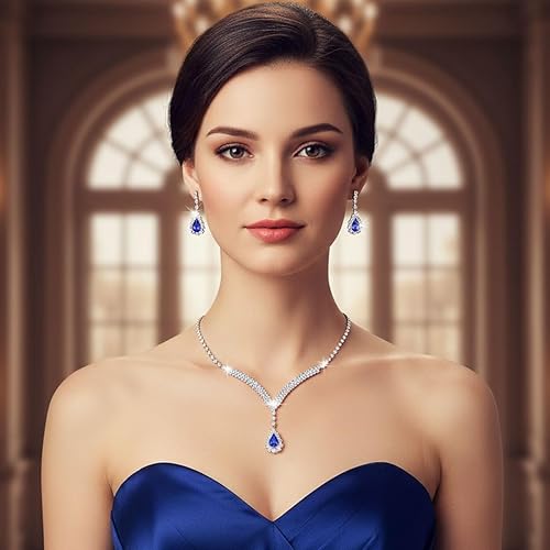 Vista 5 de EARENT Conjunto de joyas azul real collares de boda para mujer