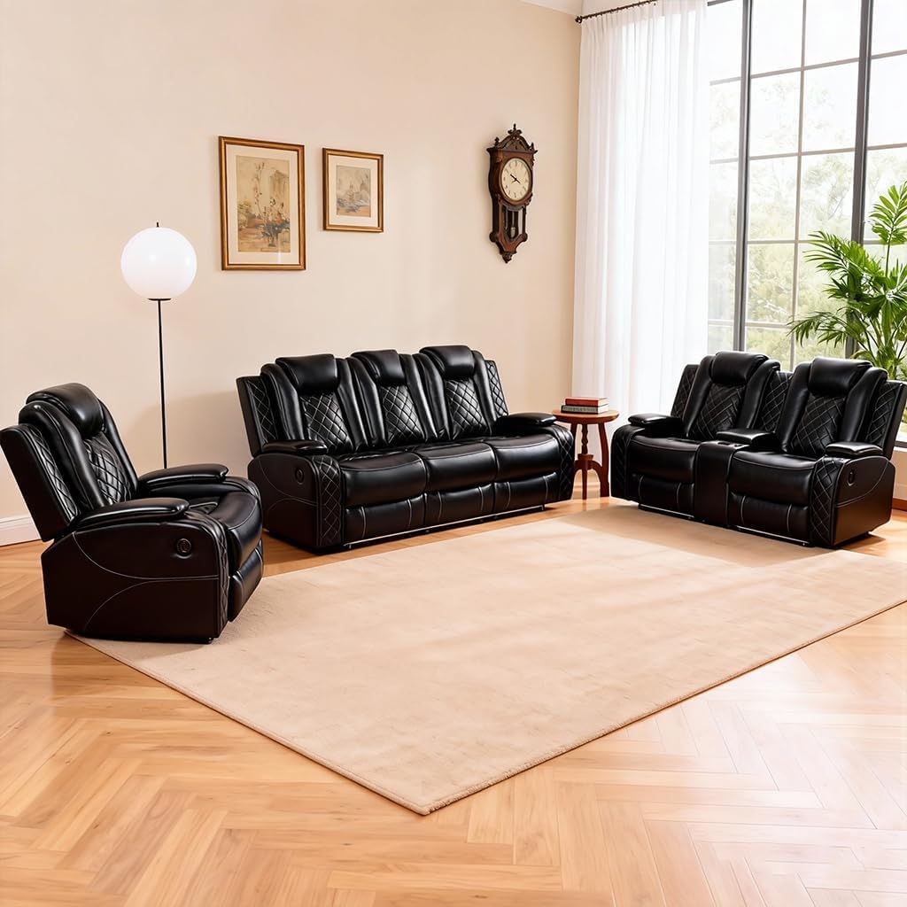 COMHOMA Power Recliner Sofa Set for Living Room Furniture Sets,Electric Theater Seating with LED Ambient Lighting,Drop-Down Table,Wireless Charging & Storage Console,Black (3pcs,Sofa+Loveseat+Chair)