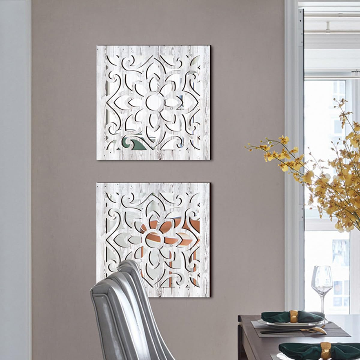 jojofuny 2 Pezzi Specchio da Parete Quadrato Bianco in Acrilico e Legno