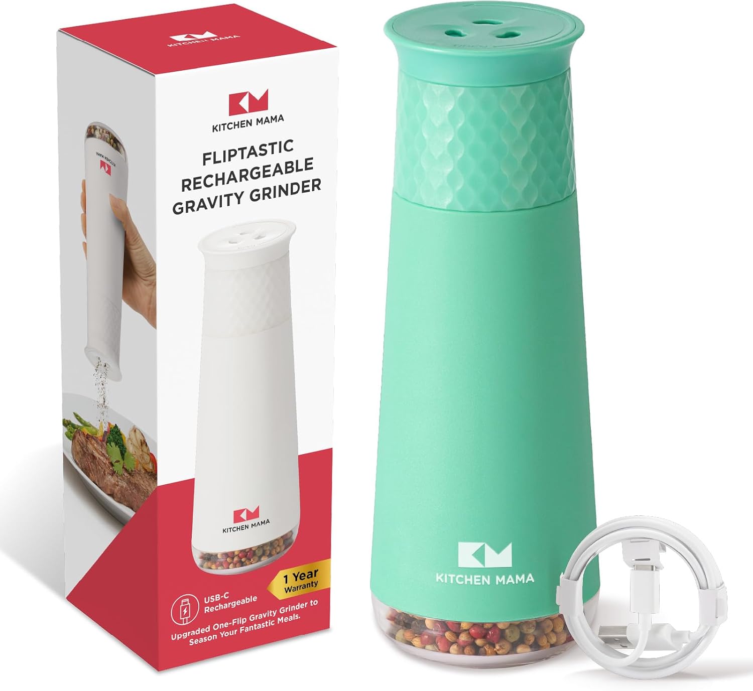 Kitchen Mama FlipTastic Rechargeable Salt and Pepper Grinder – Gravity Electric Grinder, Pepper Mill, Adjustable Coarseness, One-Hand Operation, Large Capacity, Refillable Kitchen Gadgets (White)