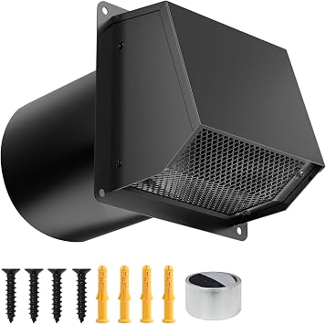 6 Inch Dryer Vent Cover Outside, Galvanized Steel Exterior Hooded Wall Vent Cover with Removable Screen & Cushioned Backdraft Flap, Exhaust Vent for House Through-Wall Dryer Vent Kit Black- 6 Inch