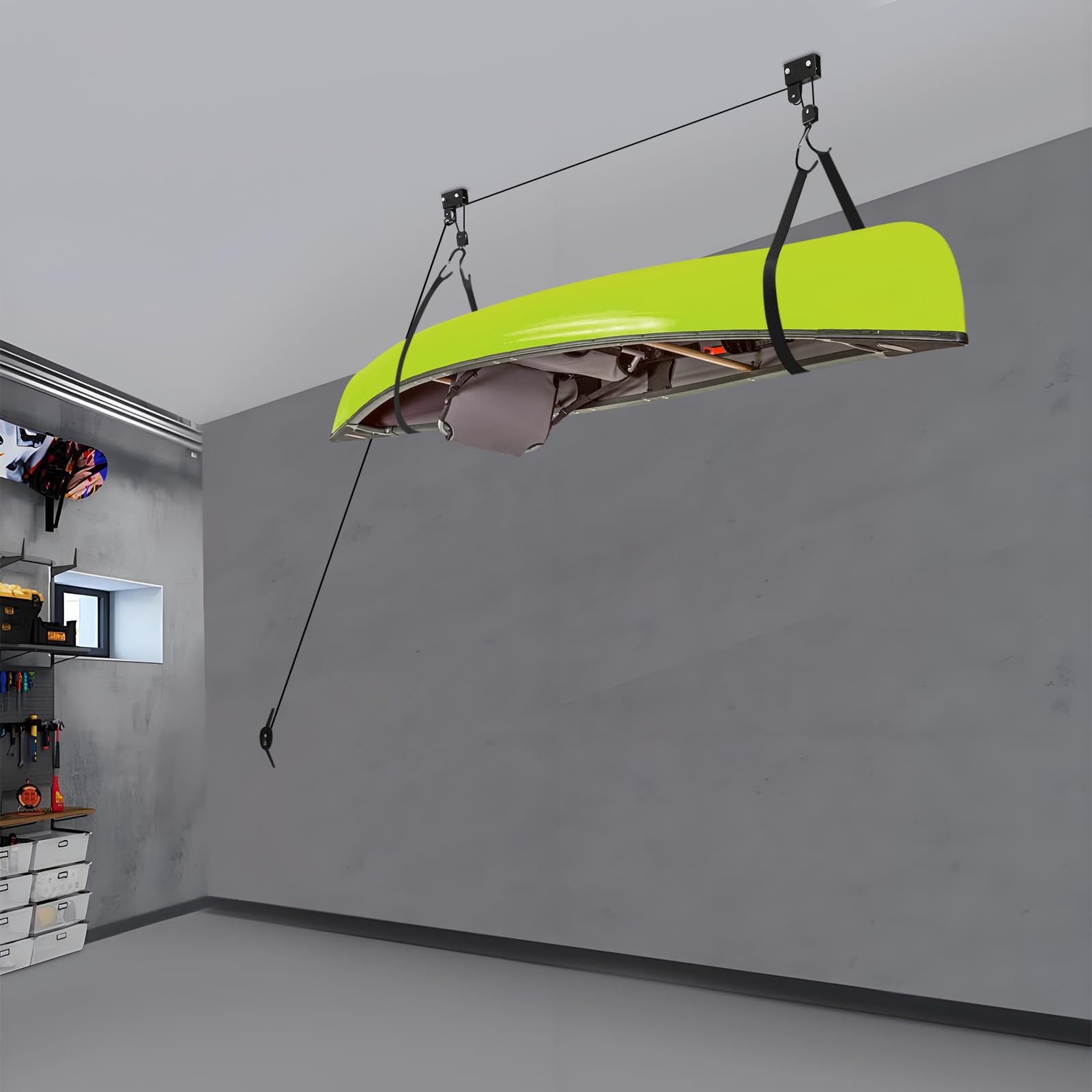 Kajaklift Deckenlift 57kg Dachboxlift Fahrradlift XL | 16m Seil & 2,35m Gurt, Rutschfeste Haken & Abschließbare Rollen, Für Decken bis 3,6m Höhe, Inkl. Montagezubehör