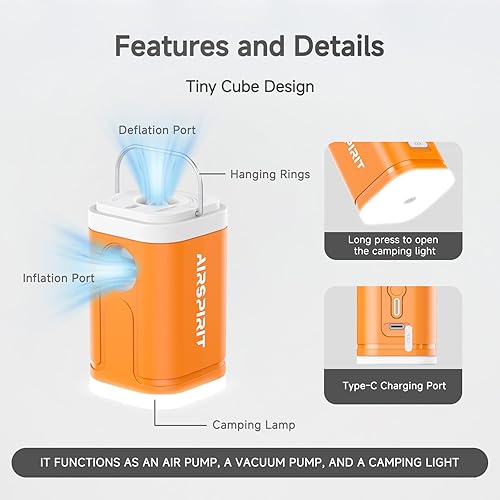 Miniatura 5 de Mini bomba de aire eléctrica portátil para inflables, 2400 mAh, recargable, luz de campamento (SOS), 5 boquillas universales, clip de mosquetón,