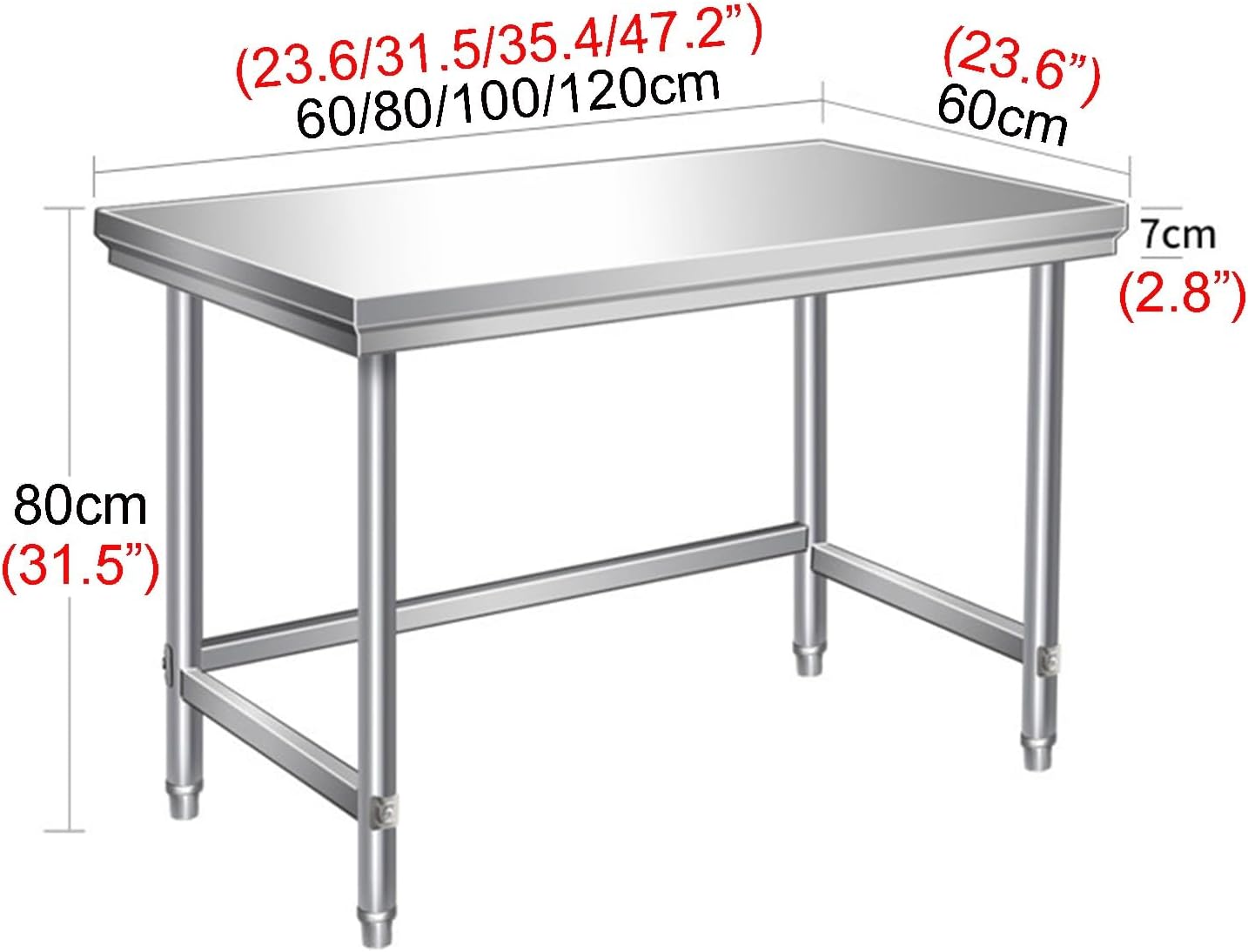 Single-Tier Stainless Steel Workbench Kitchen Prep & Packing Station Pull-Down Reinforcement Adjustable Feet Metal Prep Table Easy Assembly Height 80cm(L120xW60xH80cm/47.2x23.6x31.5”)