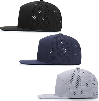3Pack Men's Flat Brim Performance Snapback Hat Laser Perforated Adjustable Baseball Cap,Running,Golf,Hiking,Workout