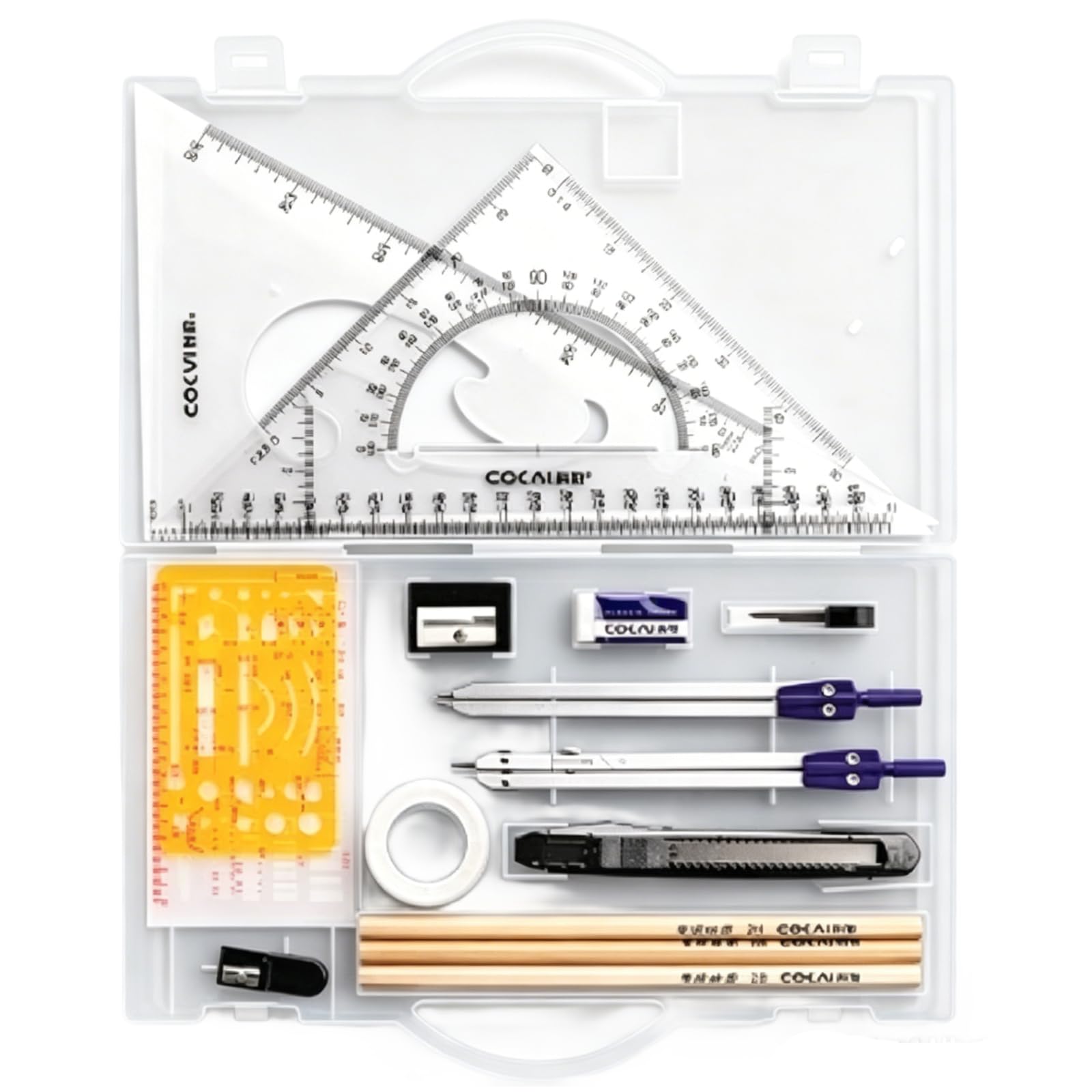 Set géométrie 20 pièces, kit d'outils de dessin de précision avec compas, gabarits de dessin, rapporteurs et crayons en bois, fournitures de traçage pour architecture, ingénierie et design