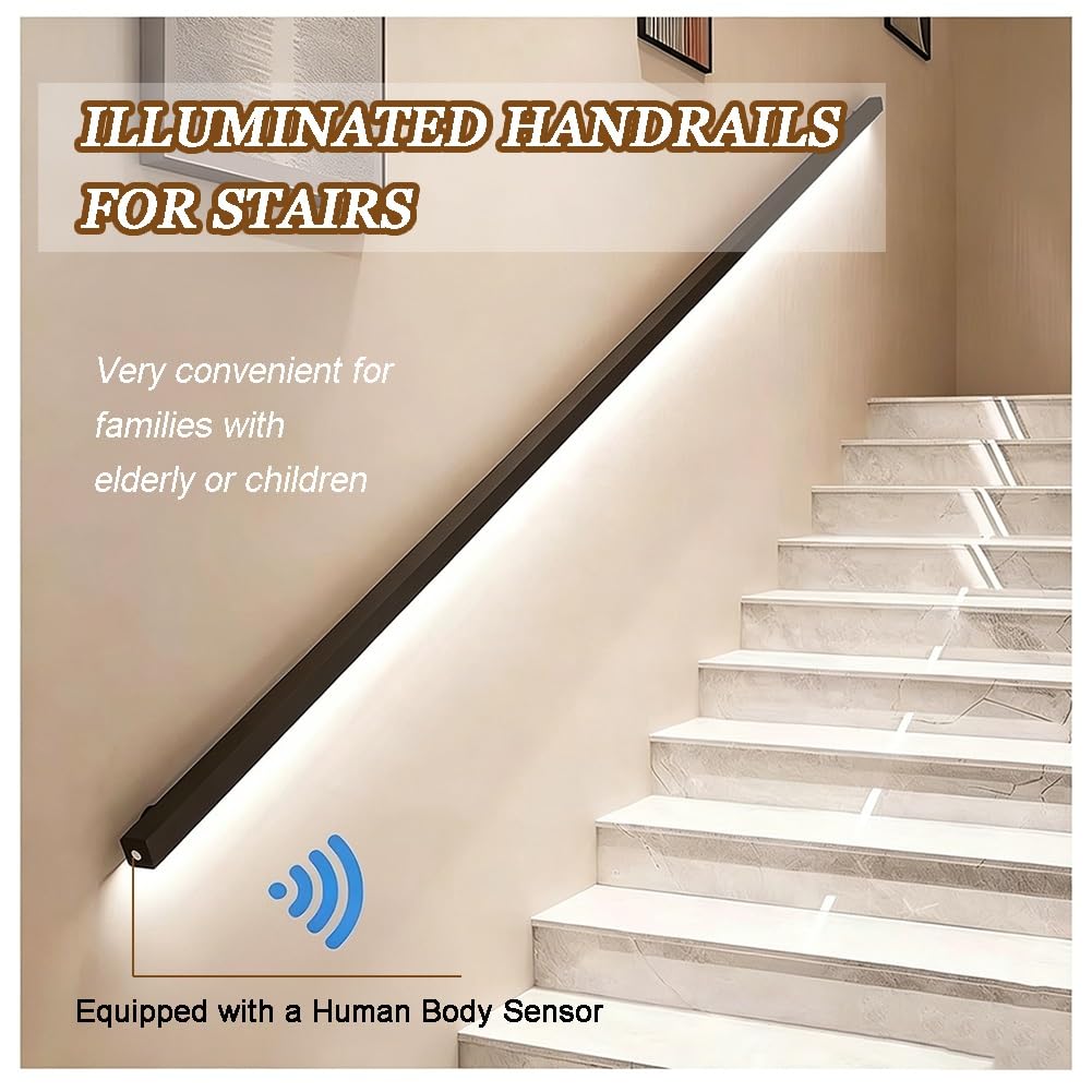 Escalier à LED avec détecteur de mouvement - Rampe murale en alliage d'aluminium avec éclairage LED - Utilisation extérieure pour patios - 250 cm / 8.2ft de long