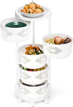5 Tier Circular Rotating Basket,Kitchen Shelves Storage Cart,Large Storage Rack with 360 Degree Wheels,Fruit Vegetable Shelf,Rotatable Basket for Kitchen Bathroom Dorm Office White Five Laye
