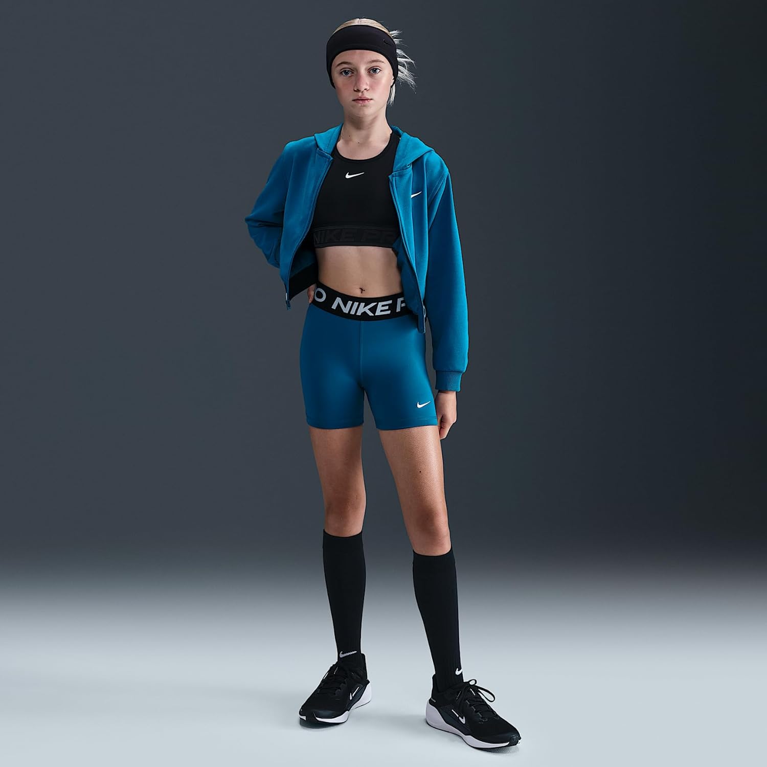 Nike Pro Girls' Shorts (Green Abyss/White)