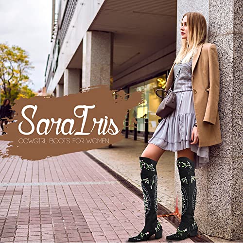 Sarairis Women’s Black Cowboy Boots Knee High Boots Pointed Toe Flower Embroidered Zipper Boots Thigh High Boots Chunky Heel Cowgirl Boots For Women #TOP4