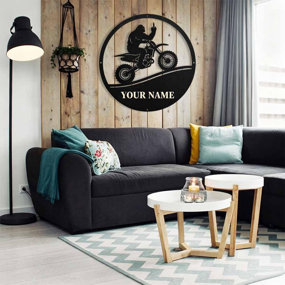 liqiaofang Custom Bigfoot Dirt Bike Metal Wall Plaque, Personalized Sasquatch Motorbike Metal Art, Novelty Wall Decor for Garage, Man Cave and Cabin, Ideal Gift for Motocross Lovers (12)