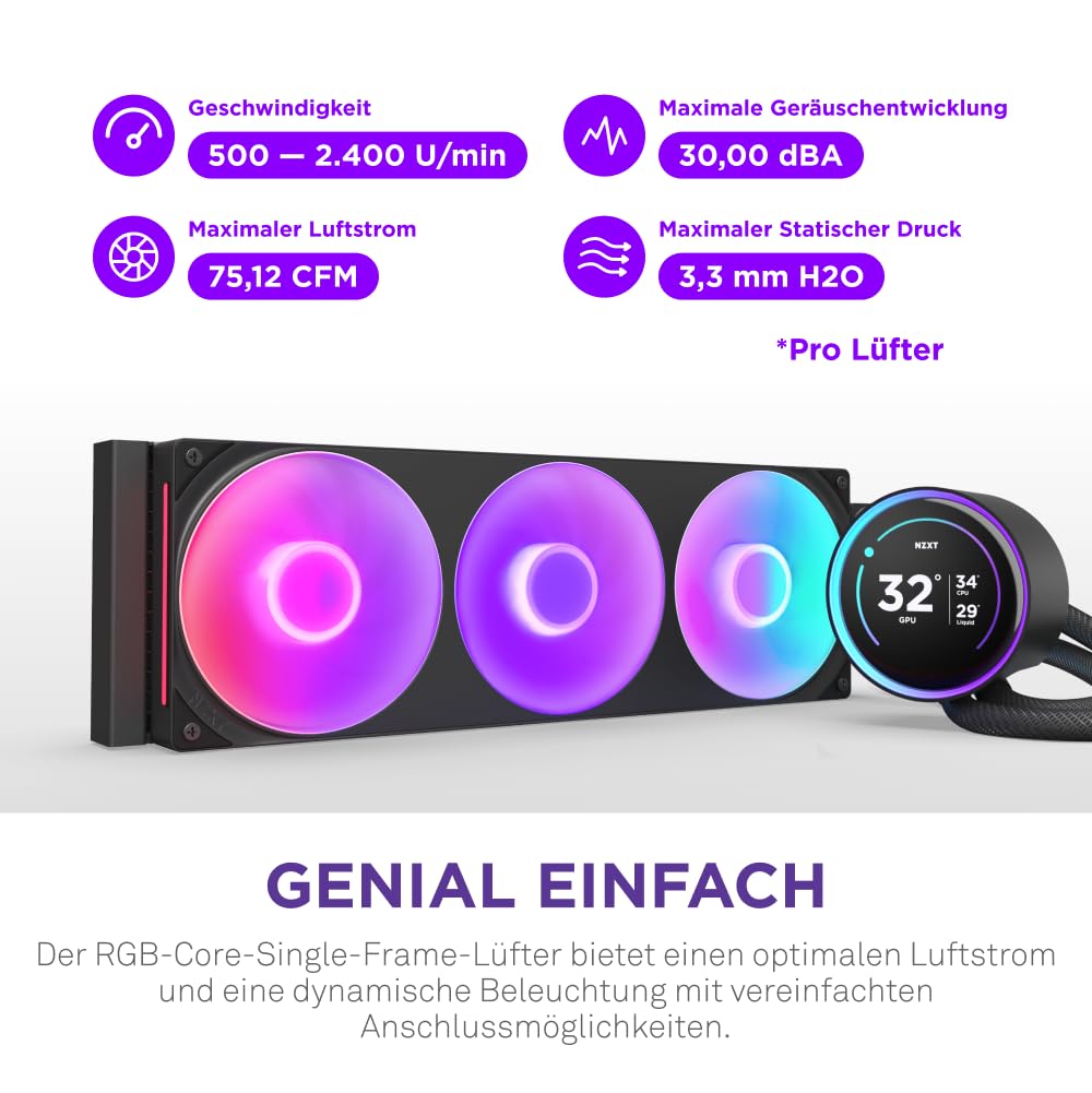 NZXT Kraken Serie – AIO CPU-Flüssigkeitskühler – Anpassbares LCD-Display – Hochleistungs-Lüfter – Kompatibel mit Intel® & AMD® Sockel – Elite 360 RGB – Schwarz