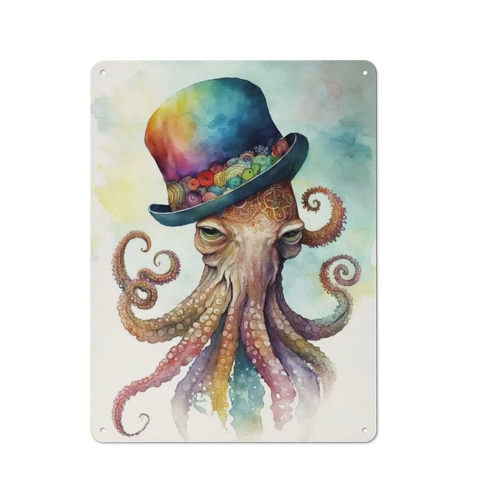 Junmoney Style-5 Tin Wall Plaque 40X30cm With Octopus In Watercolor For Dining Room Or Kitchen, A Winter Wall Decor Update For Dining Room Decor Fans