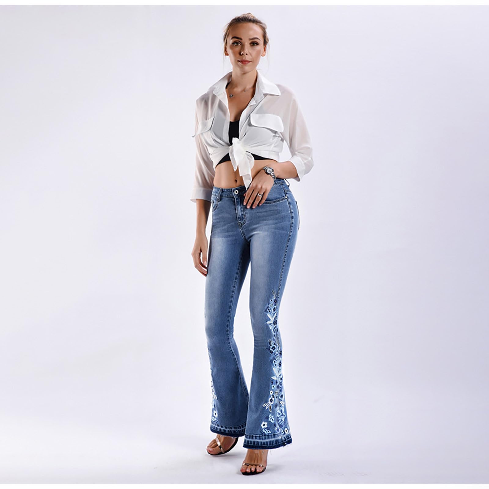 Schlaghose Damen Jeans Blumen Jeanshosen Schlank Geblümt Bestickt Denimhose Vintage Stickerei Schlagjeans mit Taschen Elegante Bootcut Röhrenjeans Hohe Taille Flared Pants Y2K Style Denim Freizeithose