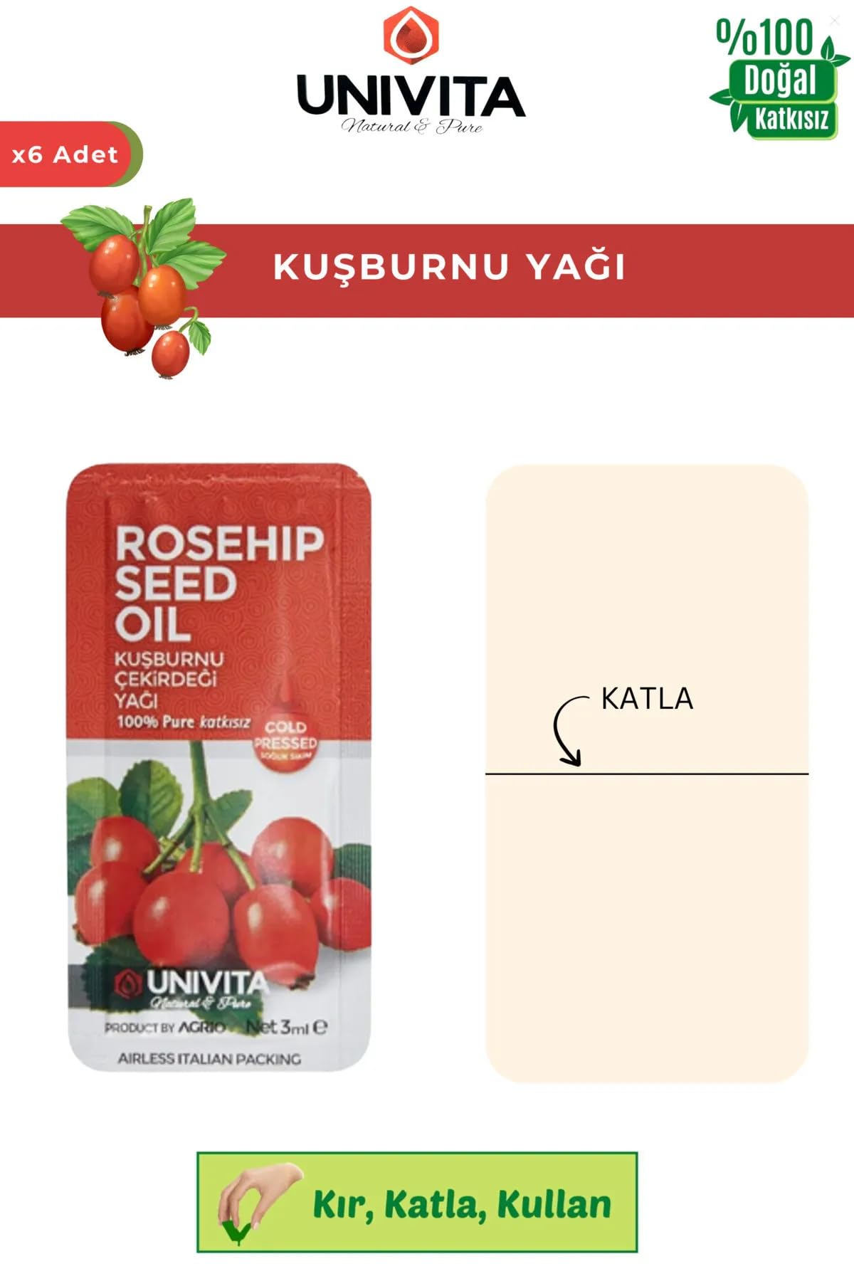 UNIVITA %100 Doğal Soğuk Sıkım Kuşburnu Çekirdeği Yağı - Rosehip Seed Oil 3 ml X 6 Adet