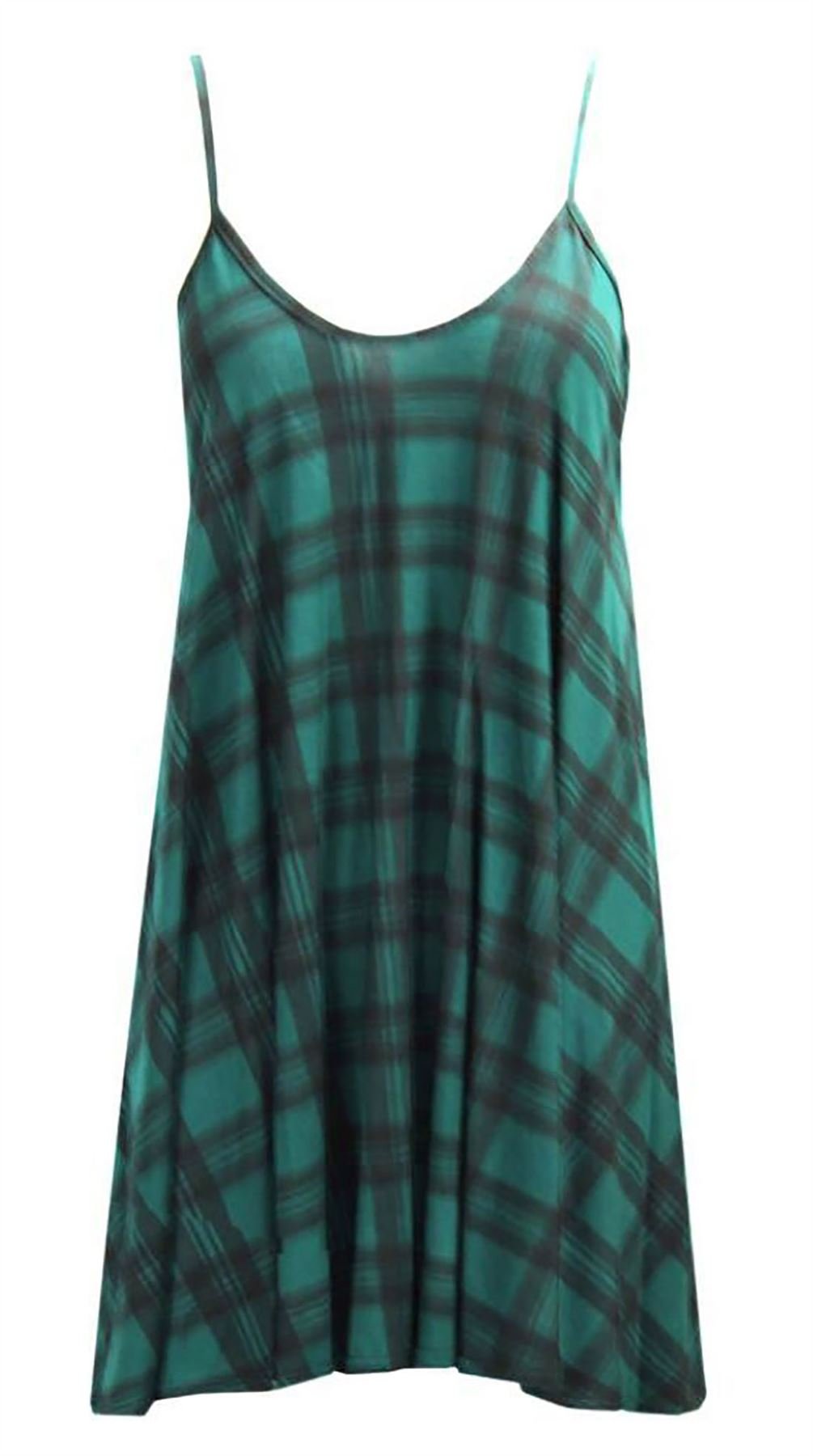 Ladies Novelty Fancy Strappy Cami Vest Mini Dress Womens Sleeveless Plain Hen Party Wear Swing Skater Top Plus Size Green Tartan UK 20-22