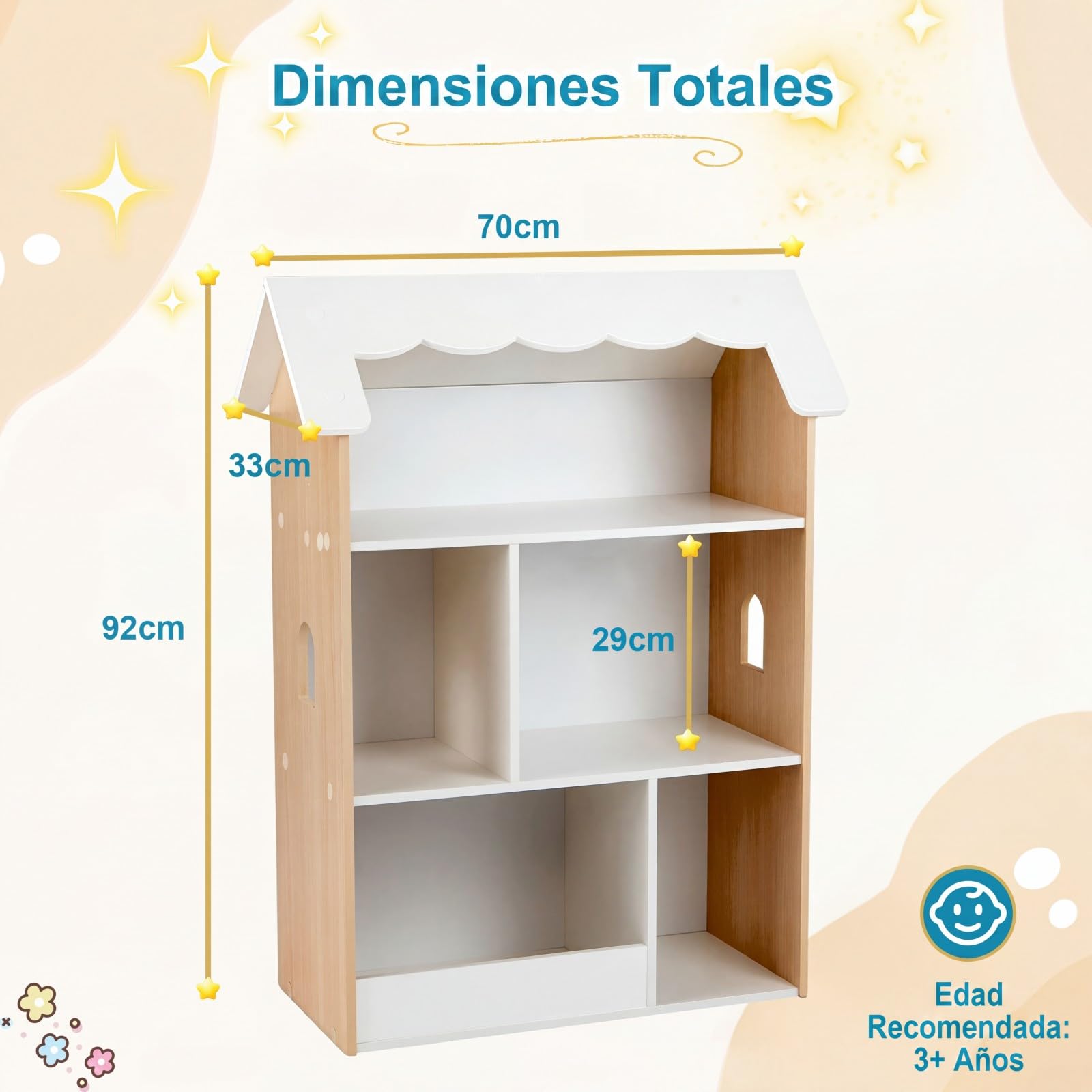 COSTWAY Librería Infantil de 3 Niveles, Estantería para Niños en Forma de Casa con Estantes Abiertos, Armario Organizador de Juguetes de Madera para Sala de Juegos Habitación Infantil Guardería
