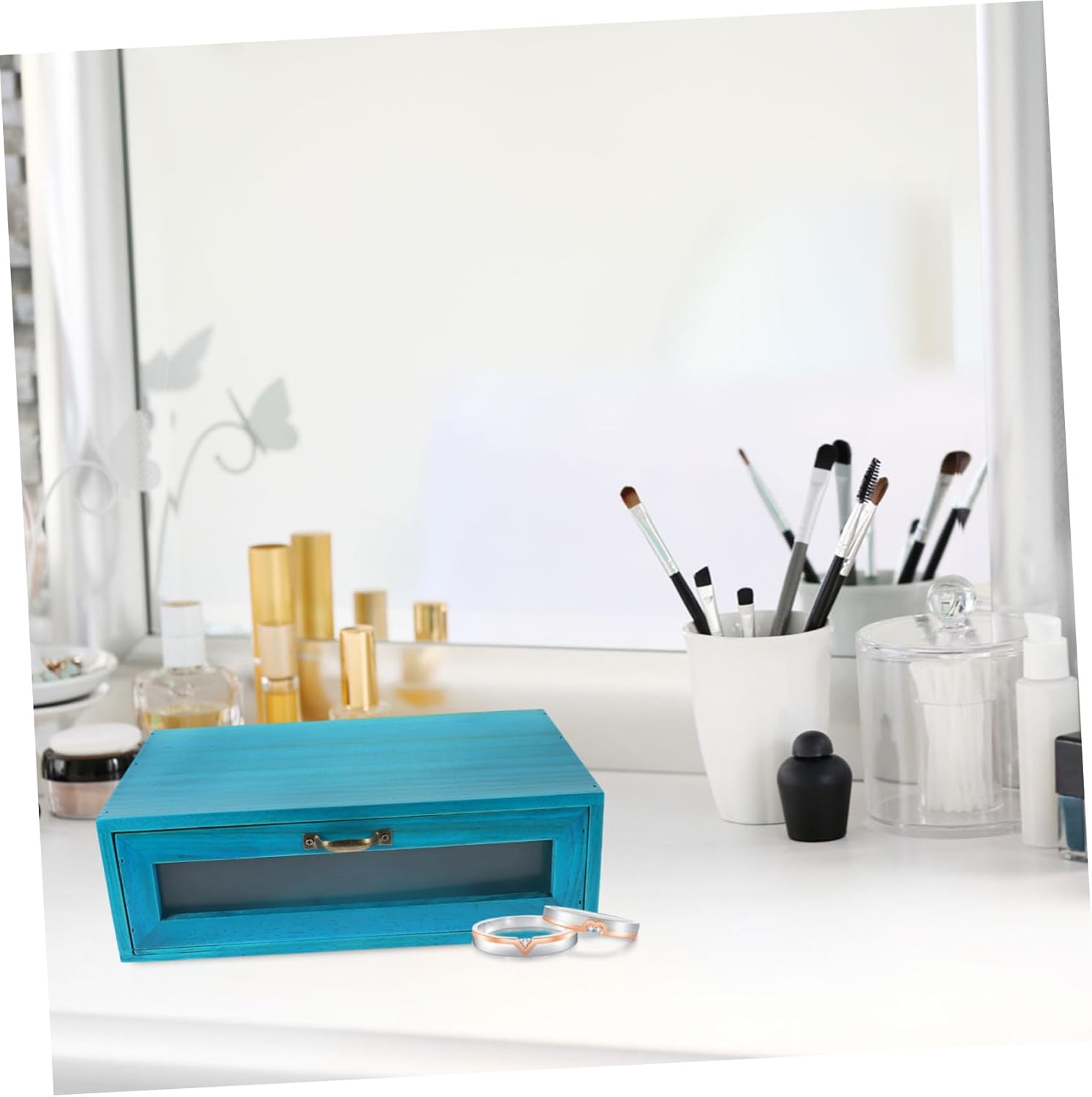 Wooden Desktop Drawer Box Cosmetic Storage Organizer for Vanity Tabletop Small Sundries Holder with Stable Base Capacity for Lipstick Nail Polish Jewelry Mediterranean Blue Single