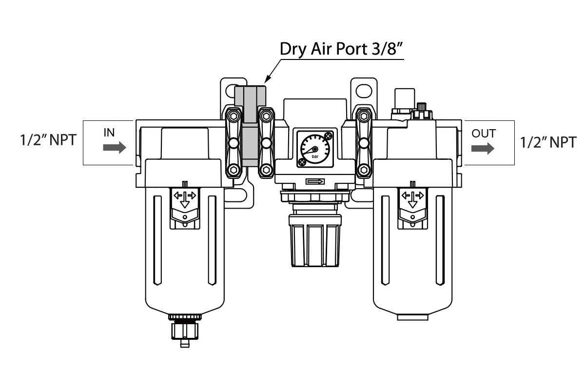 PneumaticPlus SAU400A-N04G - Dual Air System 1/2" NPT - Compressed Air Filter, Pressure Regulator & Lubricator w/Additional Free Air Port 3/8" NPT - Manual Drain, Poly Bowl