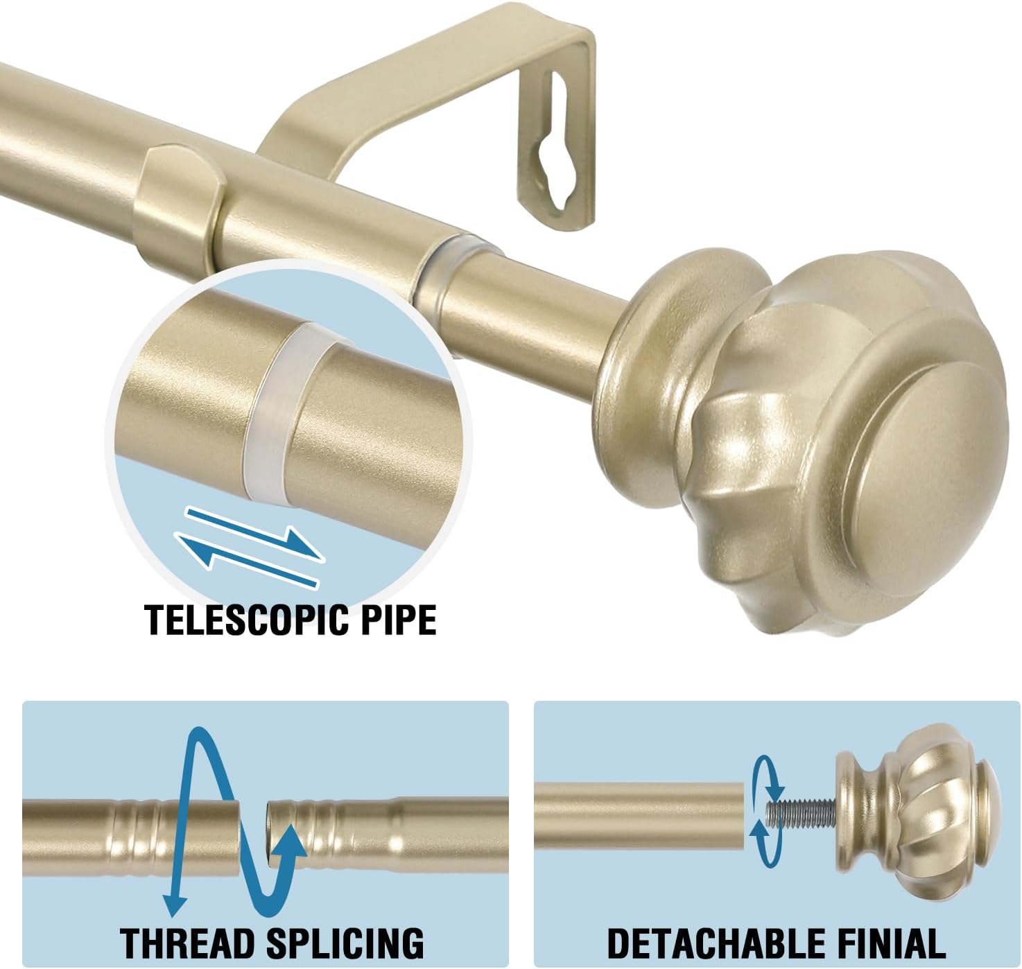 H.VERSAILTEX Curtain Rods 16.2 to 59.4 Inches, Heavy Duty & Adjustable Curtain Rod for Windows, 3/4 Inch Extendable Drapery Rod with Easy Install Design, Pale Gold