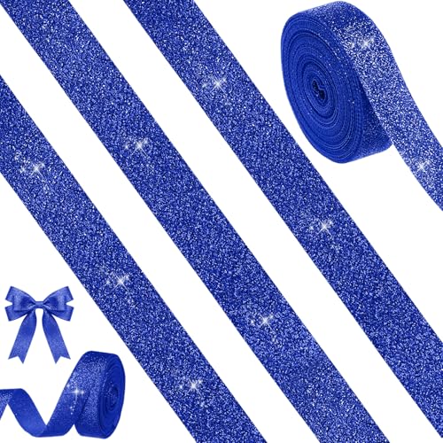 Tegeme 10 Yards Blue Cheer Ribbon 7/8 Inch, Blue Glitter Ribbon