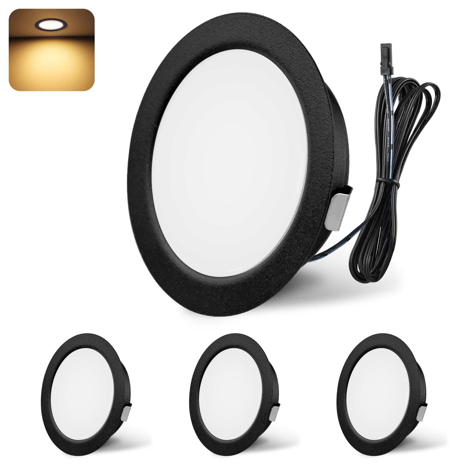 YindaLux LED Recessed Spotlights 12V 3000K Warm White IP44 LED Spot Dimmable 3W Recessed Lights 55-58mm Hole Size Downlight for Caravans, Kitchens, Wardrobes, Aluminum, Black, Set of 4