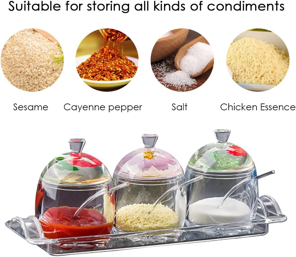 Clear Seasoning Box - 3PCS Acrylic Condiment Pots for Salt Sugar Herbs, Spice Jar Containers with Base, Dried Flower Handle Lids and Spoons
