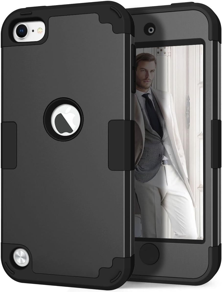 Hocase iPod Touch 7th/6th/5th Generation Case, iPod Touch 7/6/5 Case, Shockproof Protection Soft Silicone Hard Plastic Full Body Protective Case for iPod A2178/A1574/A1509/A1421 - Black