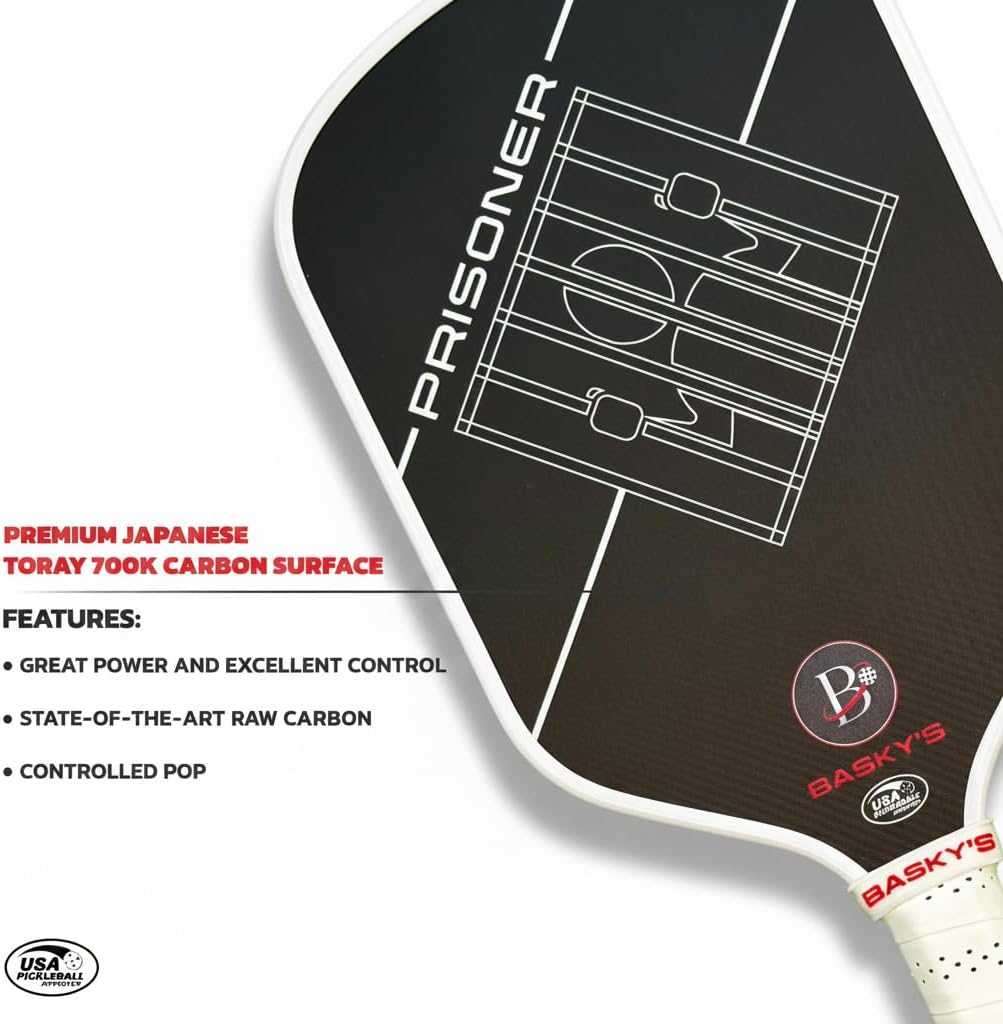 Basky’s Prisoner Raw Carbon Fiber Pickleball Paddle – USA Pickleball Approved Racket, Honeycomb Core, Power Spin & Control, Premium Performance Paddle