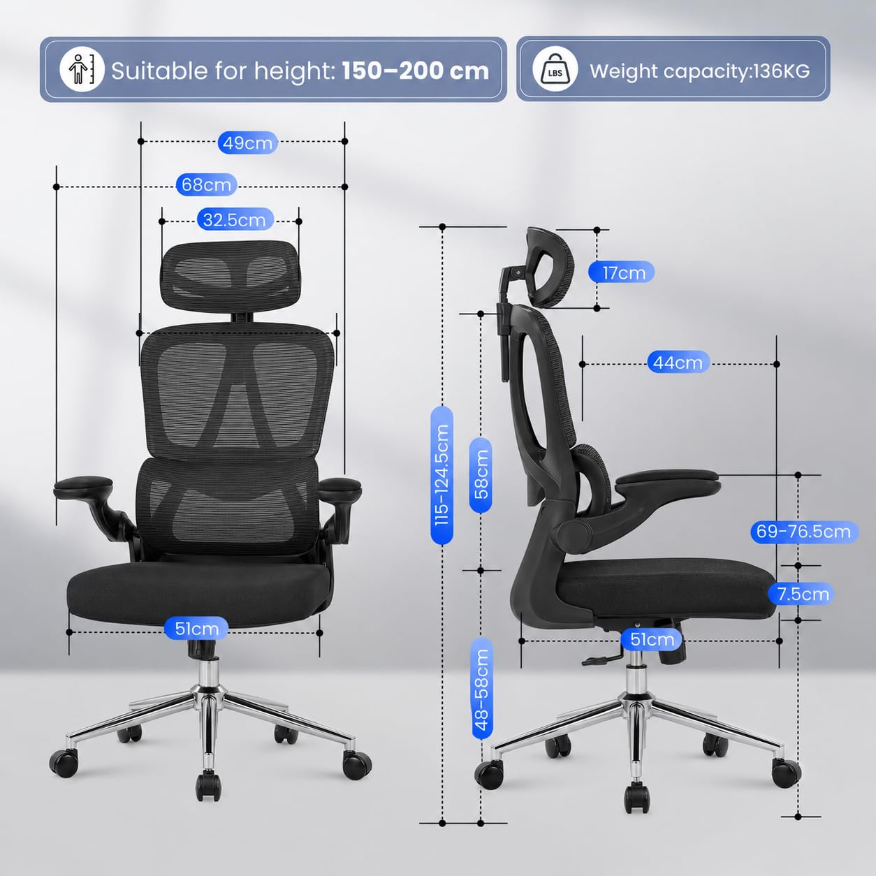 FLEXISPOT Ergonomischer Bürostuhl, Schreibtischstuhl mit 2D-Kopfstütze, Klappbare Armlehnen & Dynamische Lendenstütze, Stuhl mit 120° Wippfunktion für Homeoffice, Arbeitszimmer, Büro (Schwarz)