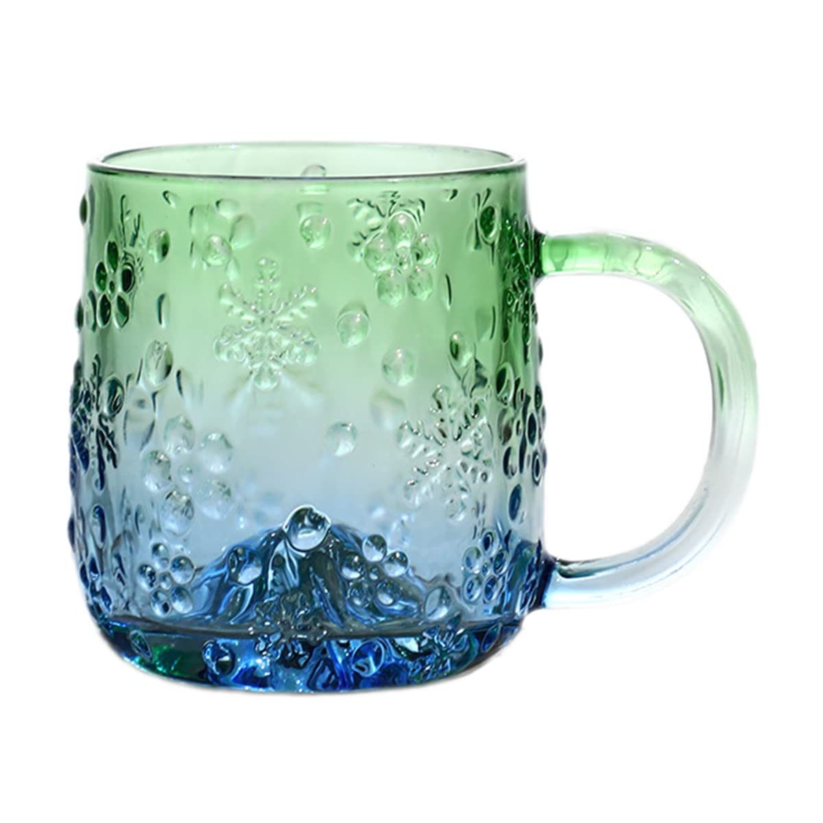 SizikatoGreen Glass Mug with Handle, 11 Oz Drinking Cup, Scented Tea Mug, Snowflake Embossed