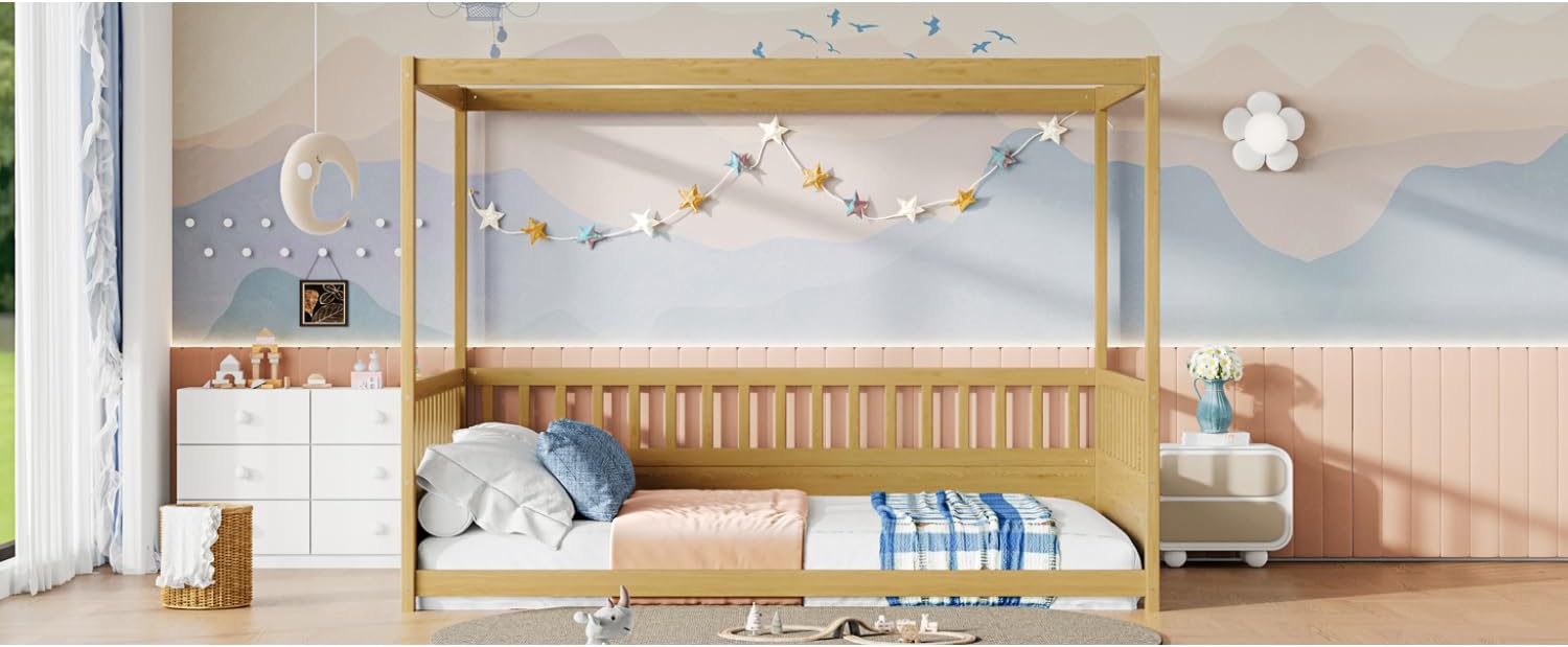 Full Canopy Bed Frame with Guardrails - Montessori Floor Four Poster Design