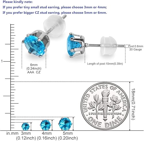 Miniatura 5 de Juego de 12 pares de aretes de tuerca de acero inoxidable con circonita cúbica redonda para mujer, de corte brillante, juego de aretes de tuerca con