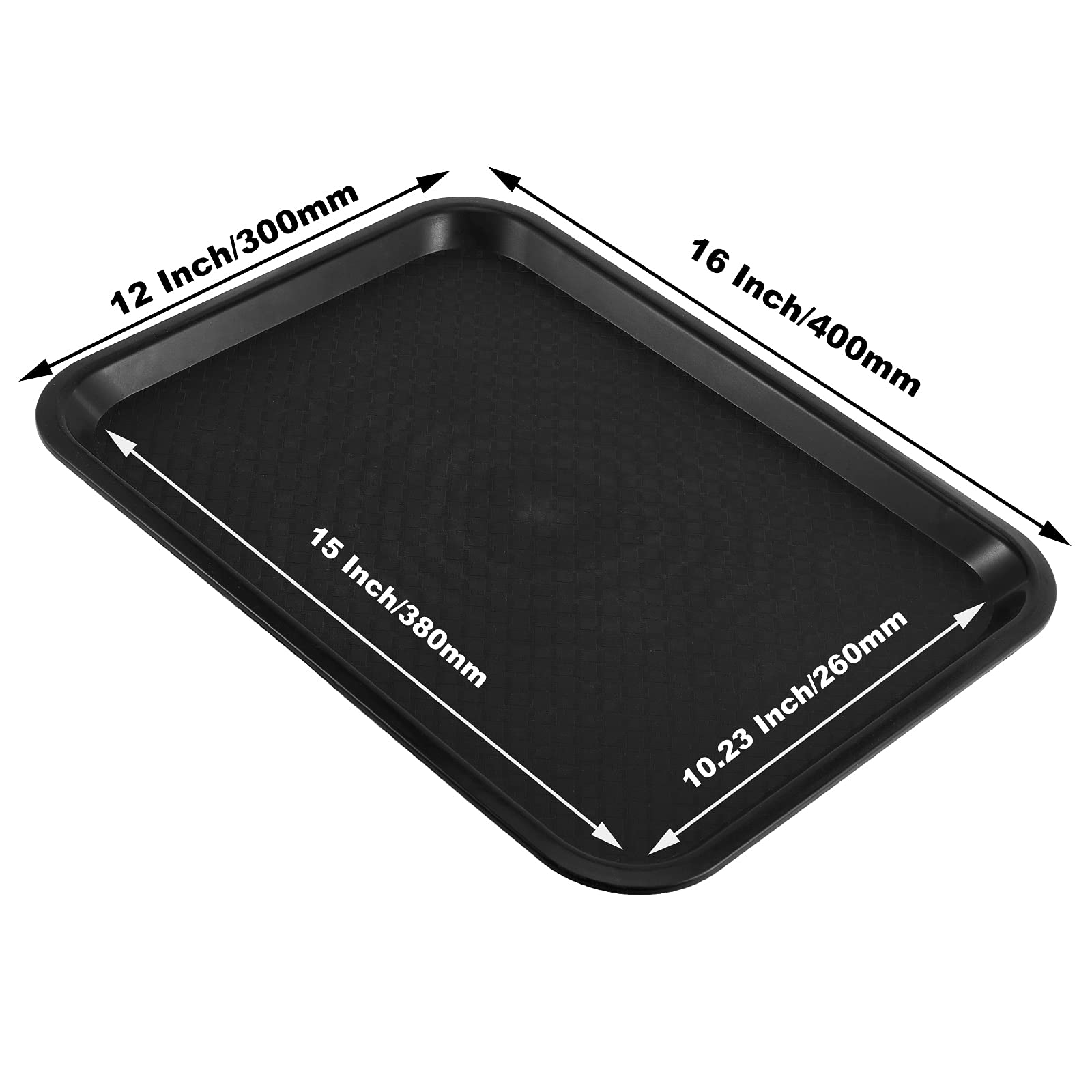 SHEUTSAN 8 paquetes de bandejas de plástico de comida rápida de 16 x 12 pulgadas, antideslizantes, rectangulares, para restaurante, cafetería, servicio de alimentos, color negro resistente, para uso