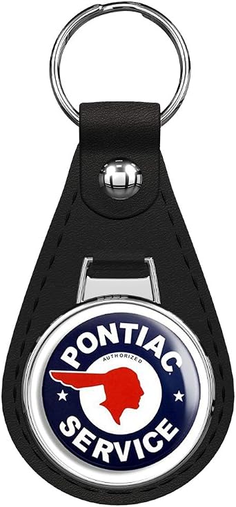 Round Vintage Pontiac Service Gas car Logo Old Rat Rod Black Leather Keychain Silver Keyring