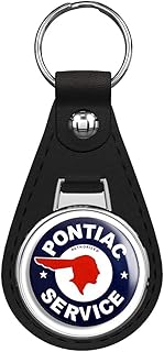 Round Vintage Pontiac Service (Gas car Logo Old Rat Rod) Black Leather Keychain Silver Keyring
