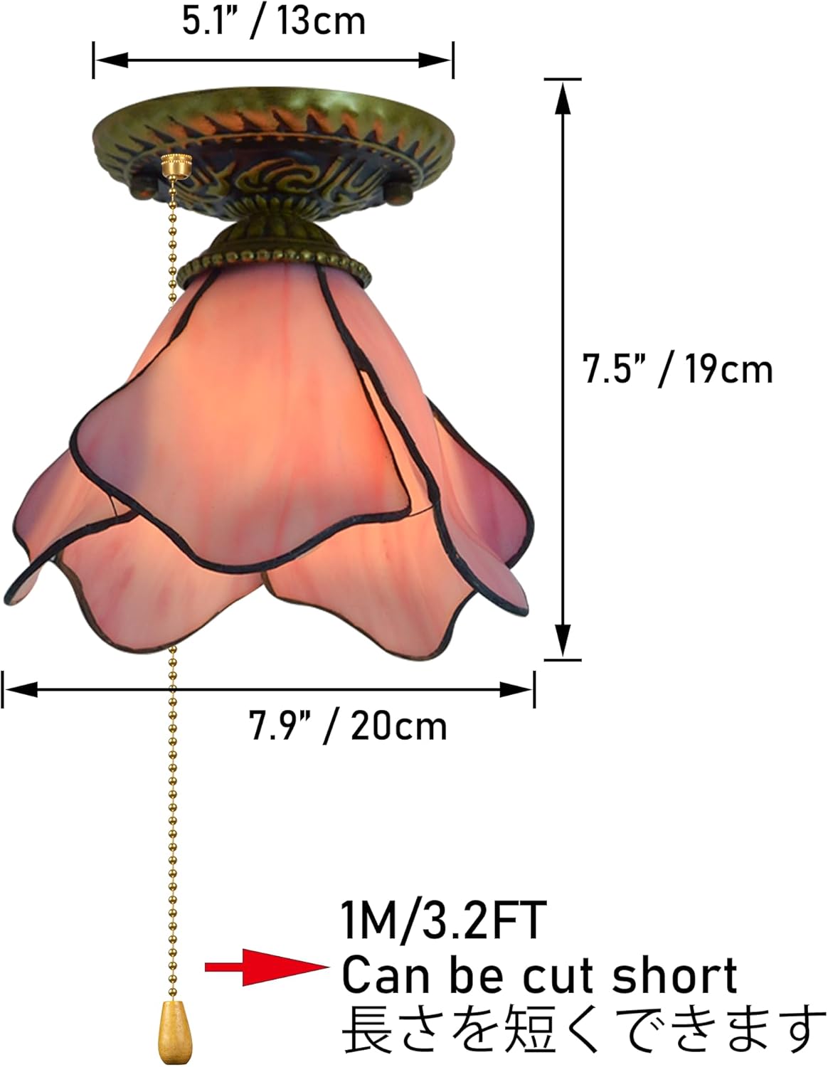 RV Flower Light with Zipper Switch 12V RV Hallway Light Fixtures, E26 E27 Pink Cone Shape Stained Glass Semi Flush Mount Interior Lighting Decorative Ceiling for RV Camper