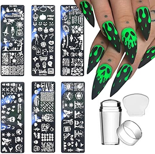 beiling Nail Halloween Nail Template Plates with 1 Stamper 1 Scraper Horror Ghost Pumpkin Skull Bone Patterns Nail Stamping Tools for Nail Art Designer Nail Decoration Supply Nail Stencil,8 Piece Set