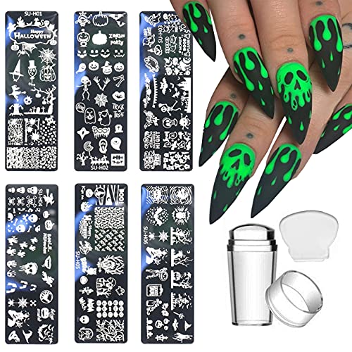 Beiling Nail Halloween Nail Template Plates With 1 Stamper 1 Scraper Horror Ghost Pumpkin Skull Bone Patterns Nail Stamping Tools For Nail Art Designer Nail Decoration Supply Nail Stencil,8 Piece Set #TOP1